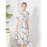 Abito Midi in Seta da Donna con Cintura Vita e Stampa di Foglie di Bambù